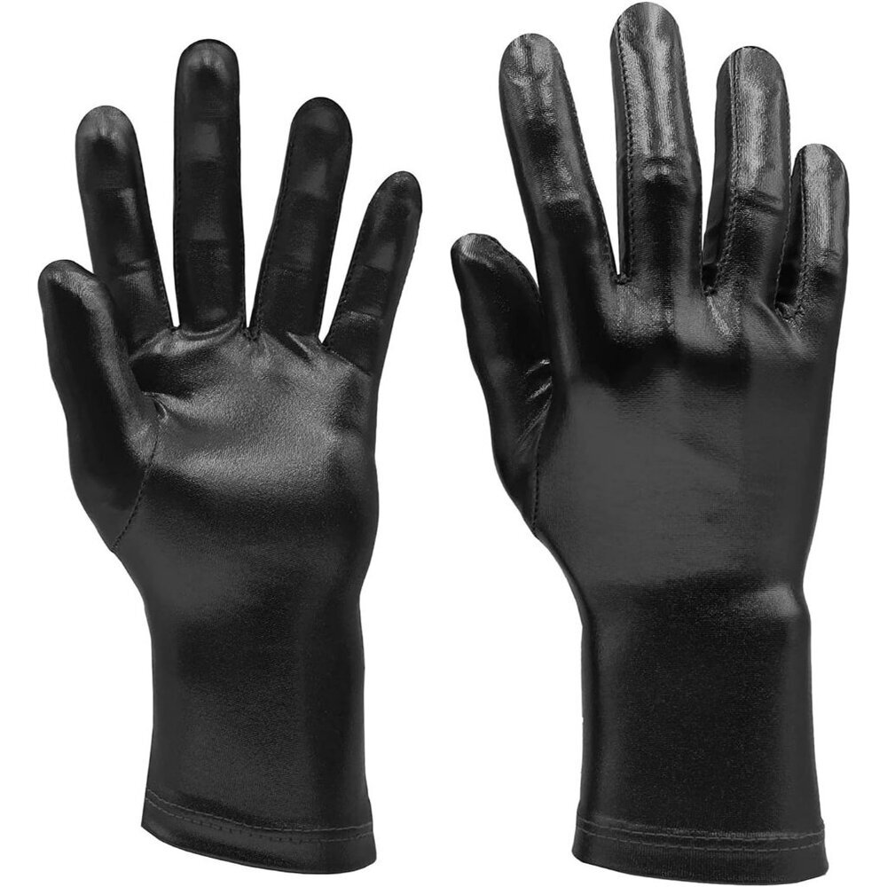 Women's Black Shiny Metallic Wrist Gloves Cosplay Halloween Costume Accessories